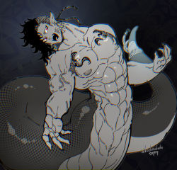 Rule 34 | 1boy, abs, arched back, black hair, chromatic aberration, cloaca, earmuffs, fingernails, lamia boy, locksuke, male focus, monster boy, muscular, nipples, open mouth, original, red eyes, scales, sharp fingernails, simple background, snake boy, snake tail, solo, tail, tattoo, veins