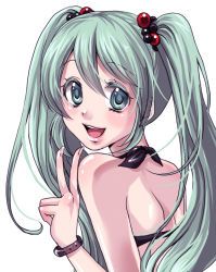 Rule 34 | 1girl, :d, bracelet, eyelashes, face, from behind, green eyes, green hair, hair bobbles, hair ornament, hatsune miku, jewelry, long hair, looking at viewer, looking back, matching hair/eyes, open mouth, simple background, smile, solo, suzune (kuroneko2), transparent, twintails, v, vocaloid, white background