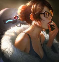 Rule 34 | 1girl, bare shoulders, beads, black-framed eyewear, blizzard (company), breasts, brown eyes, brown hair, cleavage, coat, collarbone, drone, fingernails, floating, from side, fur-trimmed jacket, fur coat, fur trim, glasses, hair bun, hair ornament, hair stick, hand to own mouth, hand up, jacket, jpeg artifacts, large breasts, long fingernails, machinery, matching hair/eyes, mei (overwatch), off shoulder, open clothes, open coat, open mouth, overwatch, overwatch 1, parka, portrait, realistic, robot, short hair, sidelocks, single hair bun, snowball (overwatch), snowflake hair ornament, solo, tank top, teeth, tongue, tongue out, upper body, wang chen, winter clothes, winter coat