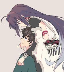 Rule 34 | 1boy, 1other, 87banana, ahoge, androgynous, black hair, blue eyes, blue kimono, blush, body markings, detached sleeves, earrings, fate/grand order, fate/samurai remnant, fate (series), hair down, hair intakes, hand on another&#039;s chin, jade (gemstone), japanese clothes, jewelry, kimono, long hair, miyamoto iori (fate), multicolored hair, orange eyes, pout, sash, sidelocks, simple background, smile, very long hair, white hair, yamato takeru (fate)