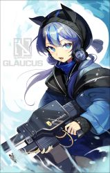 Rule 34 | 1girl, absurdres, animal ears, arknights, blue eyes, blue hair, blue jacket, candy, character name, double bun, food, glaucus (arknights), gun, highres, holding, hood, jacket, lollipop, long hair, long sleeves, looking at viewer, multicolored hair, open mouth, solo, soyoong jun, two-tone hair, water, weapon, white background