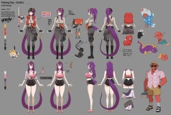 Rule 34 | 1boy, 1girl, 2023, artist name, ass, boots, breasts, character name, character sheet, color guide, commentary, dated, dolphin shorts, english commentary, english text, epebe, fingerless gloves, fishing rod, full body, gloves, grey background, hat, highres, horns, indie virtual youtuber, knee boots, large breasts, long hair, long sleeves, looking at viewer, muscular, muscular male, oni, oni horns, onigiri (vtuber) (6th costume), onigiri (vtuber), pants, pointy ears, ponytail, purple hair, sandals, shorts, simple background, smile, tail, vest, virtual youtuber, watermark, yellow eyes