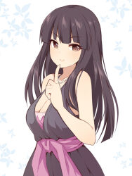 Rule 34 | 1girl, black dress, black hair, breasts, brown eyes, cleavage, commentary request, dress, hand up, idolmaster, idolmaster cinderella girls, index finger raised, jewelry, kurokawa chiaki, leaf, long hair, looking at viewer, medium breasts, necklace, pearl necklace, sidelocks, smile, solo, uccow, upper body, v-shaped eyebrows, white background