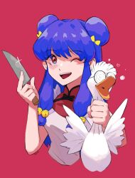 Rule 34 | 1girl, 4xin-z, bird, bow, breasts, double bun, duck, glasses, hair bun, highres, holding, holding knife, knife, medium breasts, mousse (duck) (ranma 1/2), one eye closed, open mouth, purple hair, ranma 1/2, red background, shampoo (ranma 1/2), simple background, teeth, upper teeth only, yellow bow