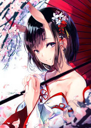 Rule 34 | 1girl, bare shoulders, black hair, blurry, blurry foreground, blush, branch, closed mouth, collarbone, commentary request, depth of field, eien no juu nana-sai, fate/grand order, fate (series), flower, hair flower, hair ornament, hands up, highres, holding, holding umbrella, horns, japanese clothes, kimono, long sleeves, looking at viewer, off shoulder, oil-paper umbrella, oni, petals, pink flower, purple eyes, red flower, red rose, red umbrella, rose, shuten douji (fate), skin-covered horns, smile, solo, torii, umbrella, upper body, white background, white flower, white kimono, wide sleeves