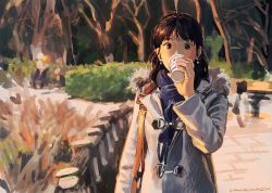 Rule 34 | 1girl, arm at side, arm up, bag, black eyes, black hair, blue scarf, bush, coat, commentary request, cup, earrings, handbag, holding, holding cup, jewelry, long hair, long sleeves, looking at viewer, scarf, standing, tree, umishima senbon, wide-eyed, winter clothes