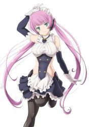 Rule 34 | 1girl, bare hips, bare shoulders, breasts, elbow gloves, gloves, green eyes, hand up, highres, hip vent, isekai maou to shoukan shoujo no dorei majutsu, legs, long hair, looking at viewer, maid, maid headdress, pantyhose, pink hair, rose (isekai maou), standing, standing on one leg, twintails