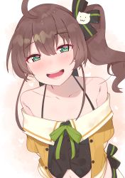 Rule 34 | 1girl, :d, absurdres, ahoge, arms behind back, black camisole, blush, brown hair, camisole, cat hair ornament, collarbone, commentary, cowboy shot, eyelashes, flat chest, green eyes, green ribbon, hair between eyes, hair ornament, hair ribbon, heart, highres, hololive, jacket, lips, looking at viewer, medium hair, midriff, natsuiro matsuri, natsuiro matsuri (1st costume), navel, off-shoulder jacket, off shoulder, open mouth, pink background, ribbon, side ponytail, simple background, smile, solo, spaghetti strap, tonarikeru, virtual youtuber, white background, yellow jacket