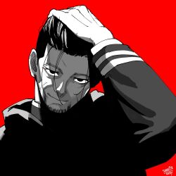 Rule 34 | 1boy, closed mouth, dated, facial hair, facial scar, goatee, golden kamuy, greyscale, hair slicked back, hand on own head, highres, long sleeves, looking at viewer, male focus, mature male, monochrome, ogata hyakunosuke, red background, scar, scar on cheek, scar on face, signature, simple background, solo, tocky, undercut, upper body