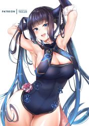 Rule 34 | 1girl, :d, arm behind head, armpits, arms up, bare shoulders, black dress, blue eyes, blunt bangs, blush, breasts, china dress, chinese clothes, cleavage, cowboy shot, detached sleeves, double bun, dress, fate/grand order, fate (series), hair bun, hair ornament, highres, large breasts, leaf hair ornament, long hair, looking at viewer, open mouth, patreon username, presenting armpit, purple hair, short dress, sidelocks, simple background, smile, solo, thighs, tnolize, twintails, very long hair, white background, yang guifei (fate), yang guifei (second ascension) (fate)