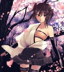 Rule 34 | 1girl, bandeau, bare shoulders, breasts, brown eyes, brown hair, cherry blossoms, cleavage, collarbone, commentary request, cosplay, cowboy shot, dango, elbow gloves, food, gloves, grin, hair between eyes, hakama, hakama short skirt, hakama skirt, highres, japanese clothes, kajii supana, kantai collection, kimono, long hair, partially fingerless gloves, petals, sendai (kancolle), shouhou (kancolle), shouhou (kancolle) (cosplay), skirt, small breasts, smile, solo, thighhighs, tree, two side up, wagashi
