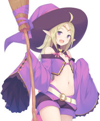Rule 34 | 1girl, :d, ahoge, bare shoulders, belt, belt buckle, blonde hair, blush, bow, bra, bra peek, breasts, brooch, broom, broom ribbon, buckle, buttons, circlet, commentary request, cowboy shot, crop top, fire emblem, fire emblem awakening, fire emblem heroes, halloween costume, hands up, hat, heart, heart-shaped buckle, highres, holding, holding broom, ihara asta, jewelry, long hair, long sleeves, looking at viewer, navel, nintendo, no bra, nowi (fire emblem), off shoulder, open mouth, parted bangs, pink bow, pointy ears, purple bra, purple eyes, purple hat, purple ribbon, purple shorts, revealing clothes, ribbon, round teeth, short shorts, shorts, sidelocks, simple background, sleeves past fingers, sleeves past wrists, small breasts, smile, solo, standing, stomach, tareme, teeth, thighs, underwear, w arms, white background, white belt, wide sleeves, witch, witch hat