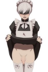Rule 34 | 1boy, alternate costume, android, apron, black blindfold, black dress, blindfold, blush, bow, bow legwear, clothes lift, collared dress, crossdressing, dress, dress lift, embarrassed, enmaided, fingernails, flaccid, foreskin, highres, khexxi, legs together, lifted by self, long sleeves, maid, maid headdress, male focus, medium penis, nier (series), nier:automata, no panties, open mouth, penis, precum, short hair, simple background, solo, standing, teeth, testicles, thighhighs, thighs, tongue, trap, uncensored, upper teeth only, white background, white bow, white hair, white thighhighs, 9s (nier:automata)