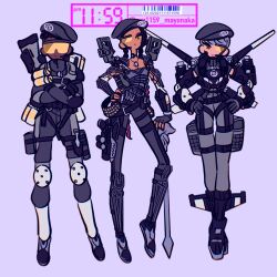 Rule 34 | 30-30 repeater, 3girls, adapted costume, apex legends, armor, arms dealer loba, bangalore (apex legends), beret, black headwear, bodysuit, breastplate, breasts, cleavage, cosplay, crossed arms, dark-skinned female, dark skin, dog tags, elbow pads, eyeshadow, full body, gloves, grey bodysuit, grey gloves, grey hair, gun, hands on own hips, hat, highres, jetpack, knee pads, loba (apex legends), loba (apex legends) (cosplay), long legs, looking at viewer, makeup, multiple girls, official alternate costume, pm11:19, purple eyeshadow, rifle, scouter, short hair, small breasts, smile, staff, sunglasses, valkyrie (apex legends), weapon, weapon on back