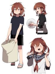 Rule 34 | 1girl, alternate costume, bad id, bad twitter id, ball, blush, brown eyes, brown hair, closed mouth, fang, full body, gym uniform, hageshii nakano, hair ornament, hairclip, hands up, holding, holding ball, ikazuchi (kancolle), jacket, kantai collection, long sleeves, looking at viewer, messy hair, multiple views, open mouth, ponytail, sandals, school uniform, serafuku, shirt, short hair, shorts, simple background, smile, white background