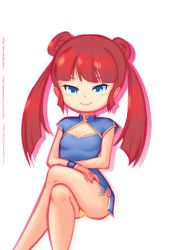 Rule 34 | 1girl, blue dress, blue eyes, blush, china dress, chinese clothes, double bun, drantyno, dress, fei (drantyno), flat chest, hair bun, highres, long hair, looking at viewer, panties, pantyshot, red hair, short sleeves, sitting, smile, transparent background, twintails, underwear, wrist cuffs, yellow panties