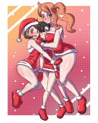 Rule 34 | 3girls, absurdres, asymmetrical hair, bare legs, bare shoulders, between breasts, black hair, blue eyes, blush, boots, border, breast smother, breasts, brown eyes, brown hair, christmas, closed mouth, collarbone, creatures (company), embarrassed, face to breasts, full body, game freak, gloria (pokemon), gloves, group hug, hair ornament, hat, head between breasts, height difference, highres, hug, karuro-kun, large breasts, legs, looking at viewer, marnie (pokemon), miniskirt, multiple girls, nintendo, open mouth, orange hair, panties, pokemon, pokemon swsh, polka dot, polka dot background, red eyes, red gloves, santa hat, short hair, side ponytail, skirt, small breasts, smile, sonia (pokemon), stand8ng, strapless, striped clothes, striped panties, tall, tongue, towering, underwear, upskirt, white border