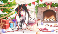 Rule 34 | 1girl, absurdres, acorn, all fours, animal ears, aran sweater, bell, black hair, blush, box, cable knit, cat ears, cat girl, christmas, christmas ornaments, christmas tree, closed mouth, commentary request, fire, fireplace, flower, fufumi, gift, gift box, hair ornament, hairclip, hand up, highres, indoors, long hair, long sleeves, looking at viewer, no shoes, original, pennant, pink skirt, plaid, plaid skirt, pleated skirt, puffy long sleeves, puffy sleeves, purple eyes, red flower, red ribbon, red socks, ribbon, skirt, sleeves past wrists, socks, solo, star (symbol), string of flags, sweater, turtleneck, turtleneck sweater, very long hair, white flower, white sweater