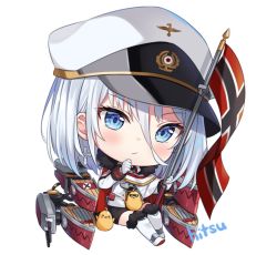 Rule 34 | &gt; &lt;, 1girl, artist name, azur lane, big head, bird, black skirt, blue eyes, blush, cannon, chibi, chick, closed eyes, closed mouth, commentary, english commentary, flag, full body, gloves, hair between eyes, hat, hitsukuya, holding, holding flag, jacket, kneehighs, long sleeves, looking at viewer, machinery, manjuu (azur lane), military hat, peaked cap, shoes, signature, silver hair, simple background, skirt, socks, solo, sunglasses, tirpitz (azur lane), turret, white background, white footwear, white gloves, white hat, white jacket, white socks