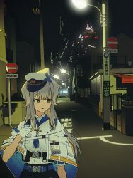 Rule 34 | 1girl, :d, arm at side, black shorts, blonde hair, blue capelet, capelet, city lights, cityscape, collared shirt, cowboy shot, gloves, gradient hair, green eyes, grey hair, hand on own chest, hat, highres, house, lamppost, long bangs, looking to the side, multicolored hair, night, nijisanji, nkymyura, open mouth, outdoors, peaked cap, road sign, shioriha ruri, shirt, shorts, sidelocks, sign, smile, solo, twitter thumbnail collage, two-sided capelet, virtual youtuber, white capelet, white gloves, white hat, white shirt