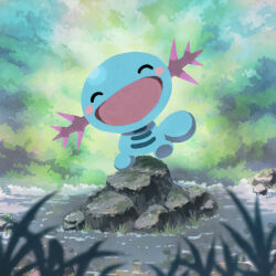 :d ^_^ absurdres blush_stickers closed_eyes commentary_request creatures_(company) day facing_viewer game_freak gen_2_pokemon happy highres nakachiruno nintendo no_humans open_mouth outdoors pokemon pokemon_(creature) rock smile solo water wooper