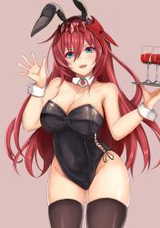 Rule 34 | 1girl, animal ears, bare shoulders, blue eyes, blush, breasts, cleavage, cup, detached collar, drinking glass, fake animal ears, godsworn alexiel, granblue fantasy, hair between eyes, hair ornament, hand up, highres, holding, holding tray, large breasts, leotard, long hair, looking at viewer, nurumaru yu, open mouth, playboy bunny, rabbit ears, red hair, simple background, smile, solo, thighs, tray, very long hair, wrist cuffs