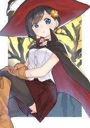 Rule 34 | 1girl, :o, bell, black cape, black choker, black hair, black thighhighs, blue eyes, boots, brown footwear, brown gloves, cape, choker, collared shirt, commentary request, dress shirt, earrings, gloves, hair ornament, halloween, hands on legs, hat, head tilt, highres, jack-o&#039;-lantern, jack-o&#039;-lantern earrings, jack-o&#039;-lantern hair ornament, jewelry, jingle bell, knee boots, long hair, looking at viewer, looking to the side, multicolored cape, multicolored clothes, original, parted lips, pleated skirt, red cape, red hat, red skirt, shirt, sitting, skirt, solo, suzunari shizuku, thighhighs, white shirt, witch hat, yuki arare