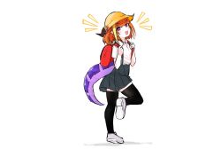 Rule 34 | 1girl, absurdres, aged down, backpack, bag, black skirt, black thighhighs, blonde hair, blunt bangs, collared shirt, commentary request, dragon girl, dragon horns, full body, hat, highres, hololive, horns, kiryu coco, medium hair, multicolored hair, notice lines, orange hair, pleated skirt, pointy ears, purple eyes, red bag, ryoshi, school hat, shirt, shoes, skirt, sneakers, solo, streaked hair, tail, thighhighs, virtual youtuber, white footwear, white shirt