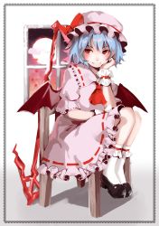 Rule 34 | 1girl, absurdres, ascot, bad id, bad pixiv id, bat wings, black footwear, blouse, blue hair, blush, border, chair, diokira, facing viewer, faux traditional media, full moon, gradient background, grey border, hair between eyes, hand on lap, hat, hat ribbon, head in hand, head rest, highres, lace, lace border, light blue hair, looking away, looking to the side, mob cap, moon, ornate border, pink hat, pink shirt, pink skirt, puffy short sleeves, puffy sleeves, red ascot, red eyes, red sky, remilia scarlet, ribbon, shadow, shirt, short hair, short sleeves, sitting, skirt, skirt set, sky, smile, socks, solo, spear the gungnir, touhou, white socks, window, wings, wrist cuffs
