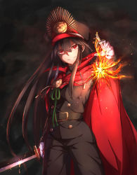 1girl black_hair cape cowboy_shot fate/grand_order fate_(series) female_focus floating_hair gloves grin hair_between_eyes hat highres holding holding_sword holding_weapon katana long_hair looking_at_viewer military military_hat military_uniform oda_nobunaga_(fate) oda_nobunaga_(koha-ace) red_cape red_eyes sakaokasan smile solo standing sword very_long_hair weapon white_gloves