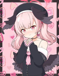 Rule 34 | 1girl, beret, black hat, black shirt, black wings, blue archive, blush, closed mouth, collarbone, commentary request, feathered wings, halo, hands up, hat, head wings, heart, heart background, highres, koharu (blue archive), long sleeves, looking at viewer, mitya, neckerchief, nose blush, off shoulder, pink hair, pink neckerchief, puffy long sleeves, puffy sleeves, purple eyes, sailor collar, shirt, sleeves past wrists, solo, steepled fingers, twintails, wavy mouth, white sailor collar, wings
