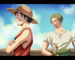 Rule 34 | 2boys, black hair, cloud, cloudy sky, commentary request, crossed arms, earrings, facial scar, green hair, haramaki, hat, highres, jewelry, katana, male focus, monkey d. luffy, multiple boys, one piece, open mouth, outdoors, red shirt, roronoa zoro, scar, scar on cheek, scar on face, shirt, short hair, short sleeves, single earring, sky, sleeveless, smile, straw hat, suzu (suzuran piece), sword, teeth, weapon