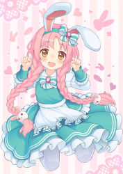 Rule 34 | 1girl, animal ears, animal print, apron, aqua dress, bad id, bad twitter id, bow, braid, brown eyes, clenched hands, commentary request, dress, fake animal ears, hair ornament, hairband, heart, highres, jumping, kupuru (hirumamiyuu), long hair, low twintails, mimi (princess connect!), mimi (real) (princess connect!), open mouth, pantyhose, paw pose, pink background, pink hair, princess connect!, rabbit ears, rabbit hair ornament, rabbit print, ribbon, smile, solo, striped, striped background, twin braids, twintails, waist apron, white apron, white pantyhose