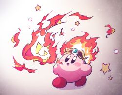 Rule 34 | amedama (akaki 4207), black eyes, blush, breath weapon, breathing fire, circlet, copy ability, fiery hair, fire, gradient background, kirby, kirby (series), nintendo, no humans, no nose, open mouth, star (symbol)