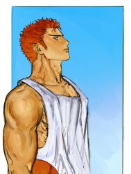 1boy adam&#039;s_apple ball basketball_(object) black_eyes blue_sky closed_mouth collarbone from_side highres junkboh looking_up male_focus muscular muscular_male pectoral_cleavage pectorals pectorals_peek sakuragi_hanamichi short_bangs short_hair simple_background sky slam_dunk_(series) sweat tank_top temporal_hairline thick_eyebrows very_short_hair white_tank_top