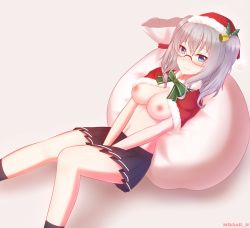 Rule 34 | 10s, 1girl, bad id, bad pixiv id, blue eyes, breasts, female focus, glasses, highres, kantai collection, kashima (kancolle), large breasts, merry christmas, mikhail n, miniskirt, nipples, santa costume, silver hair, skirt, smile, socks, solo, two side up, wavy hair
