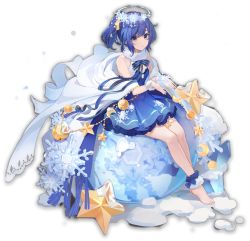 Rule 34 | 1girl, blue hair, bowtie, cape, closed mouth, crescent, crescent hair ornament, dress, full body, grey eyes, hair ornament, halo, long hair, looking at viewer, mahjong soul, nanami reina, official art, ponytail, sitting, snow, snowflakes, snowing, solo, star (symbol), striped bow, striped bowtie, striped clothes, tachi-e, yostar