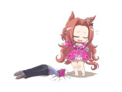 Rule 34 | 1boy, 1girl, animal ears, breasts, chibi, cleavage, closed eyes, commentary request, crack, cracked floor, delraich66, forehead, hair ornament, highres, hole, horse ears, horse tail, kawakami princess (umamusume), long hair, medium breasts, no shoes, open mouth, shadow, simple background, tail, trainer (umamusume), umamusume, white background