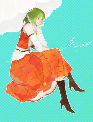 Rule 34 | 1girl, artist name, ascot, black footwear, blue background, boots, checkered background, closed mouth, collared shirt, commentary, dated, flower, full body, green hair, hair between eyes, head rest, high heel boots, high heels, kanon (rsl), kazami yuuka, long bangs, long skirt, long sleeves, looking afar, open clothes, open vest, parasol, pink eyes, red skirt, red vest, shirt, short hair, sitting, skirt, skirt set, smile, solo, sunflower, touhou, umbrella, vest, white shirt, white umbrella, yellow ascot