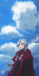 Rule 34 | 1boy, amakusa shirou (fate), black shirt, blue sky, cape, closed mouth, cloud, commentary request, cowboy shot, cross, cross necklace, cross print, expressionless, fate (series), jewelry, long sleeves, looking afar, male focus, mogukk, necklace, parted bangs, red cape, shirt, short hair, sky, solo, stole, white hair, yellow eyes