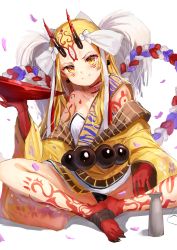 Rule 34 | 1girl, absurdres, black panties, blonde hair, closed mouth, colored skin, cup, fate/grand order, fate (series), full body, hair ribbon, highres, holding, horns, ibaraki douji (fate), indian style, japanese clothes, kimono, long hair, looking at viewer, manichi, oni horns, panties, red skin, ribbon, rope, sakazuki, simple background, sitting, smile, solo, tokkuri, underwear, white background, white ribbon, yellow eyes, yellow kimono