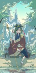 Rule 34 | 1girl, absurdres, beads, black skirt, blue hat, blue vest, bush, buttons, closed eyes, closed mouth, cloud, commentary request, day, flat chest, forest, frilled hat, frills, full body, geta, grass, green hair, hat, highres, holding, holding staff, jizou, long sleeves, mountain, nature, outdoors, penglai tea, prayer beads, reflection, reflective water, ribbon-trimmed skirt, ribbon trim, shakujou, shiki eiki, shirt, short hair, sitting, skirt, smile, socks, solo, staff, tabi, tengu-geta, touhou, vest, water, white shirt