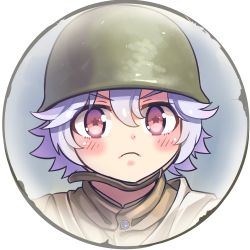 Rule 34 | + +, 1girl, border, closed mouth, company of heroes, conscript infantry squad (company of heroes), hair between eyes, hat, helmet, lowres, military, military hat, military uniform, original, portrait, purple eyes, purple hair, short hair, solo, soviet, soviet army, star (symbol), uniform, v-shaped eyebrows, world war ii, zhainan s-jun