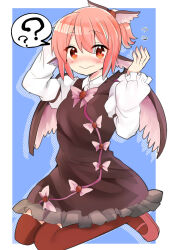 Rule 34 | 1girl, ?, alternate hairstyle, animal ears, bird ears, bird wings, blush, brown dress, brown thighhighs, closed mouth, dress, fingernails, flying sweatdrops, frilled dress, frilled sleeves, frills, full body, highres, long sleeves, looking at viewer, mystia lorelei, ochazuke, pink footwear, pink hair, pink wings, ponytail, red eyes, shoes, short hair, sleeve garter, solo, spoken question mark, thighhighs, touhou, wavy mouth, wings