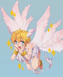 Rule 34 | 1boy, barefoot, blonde hair, blue background, blue eyes, bracelet, child, digimon, digimon (creature), feet, hair between eyes, head wings, jewelry, looking at viewer, lucemon, male focus, multiple wings, seraph, simple background, solo, sparkle, thighs, wings, yoshimori (mrysknkn)