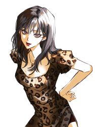 Rule 34 | 1girl, aespa, animal print, black hair, breasts, dress, hand on own hip, highres, jewelry, k-pop, leopard print, looking at viewer, medium hair, mole, mole on breast, murenzi, necklace, open mouth, real life, shorts under dress, smile, solo, white background, winter (aespa)