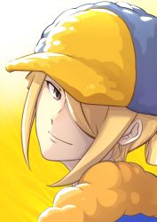 Rule 34 | 1boy, absurdres, blonde hair, brown eyes, closed mouth, commentary request, creatures (company), game freak, grey hat, hair over one eye, hat, highres, kakashino kakato, looking back, male focus, nintendo, pokemon, pokemon legends: arceus, portrait, short hair, smile, solo, upper body, volo (pokemon), yellow background, yellow hat