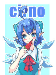 Rule 34 | 1girl, ahoge, blue dress, blue eyes, blue hair, blush, blush stickers, bow, character name, cirno, dress, food, hair bow, highres, ice, ice wings, looking at viewer, mujib, pointy ears, popsicle, puffy short sleeves, puffy sleeves, red ribbon, ribbon, short hair, short sleeves, smile, solo, touhou, upper body, watermelon bar, wings