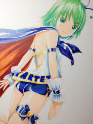 Rule 34 | 1girl, alternate costume, antennae, ass, back, bare shoulders, cape, female focus, from behind, green eyes, green hair, light smile, looking back, matching hair/eyes, mayo riyo, race queen, short hair, solo, touhou, traditional media, wriggle nightbug, wrist cuffs