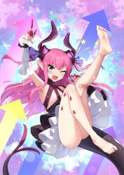 Rule 34 | 1girl, ;d, absurdres, arm up, armpits, bare shoulders, barefoot, blue eyes, blush, commentary request, copyright request, demon girl, demon horns, demon tail, dress, elizabeth bathory (fate), fang, feet, foot focus, frilled dress, frills, full body, happy, highres, horns, huai diao de zongzi, long hair, looking at viewer, one eye closed, open mouth, pink hair, pointy ears, purple dress, smile, soles, solo, tail